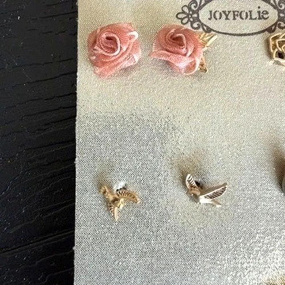 Joyfolie Take Flight Stud Earring Set Sand Gold 6 Pairs Floral Bird Rose NEW